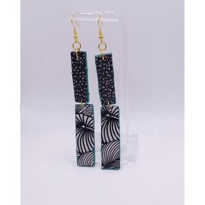 Wood Dangle Earrings, Black White Geometric Aqua Edge, Boho Statement Drop